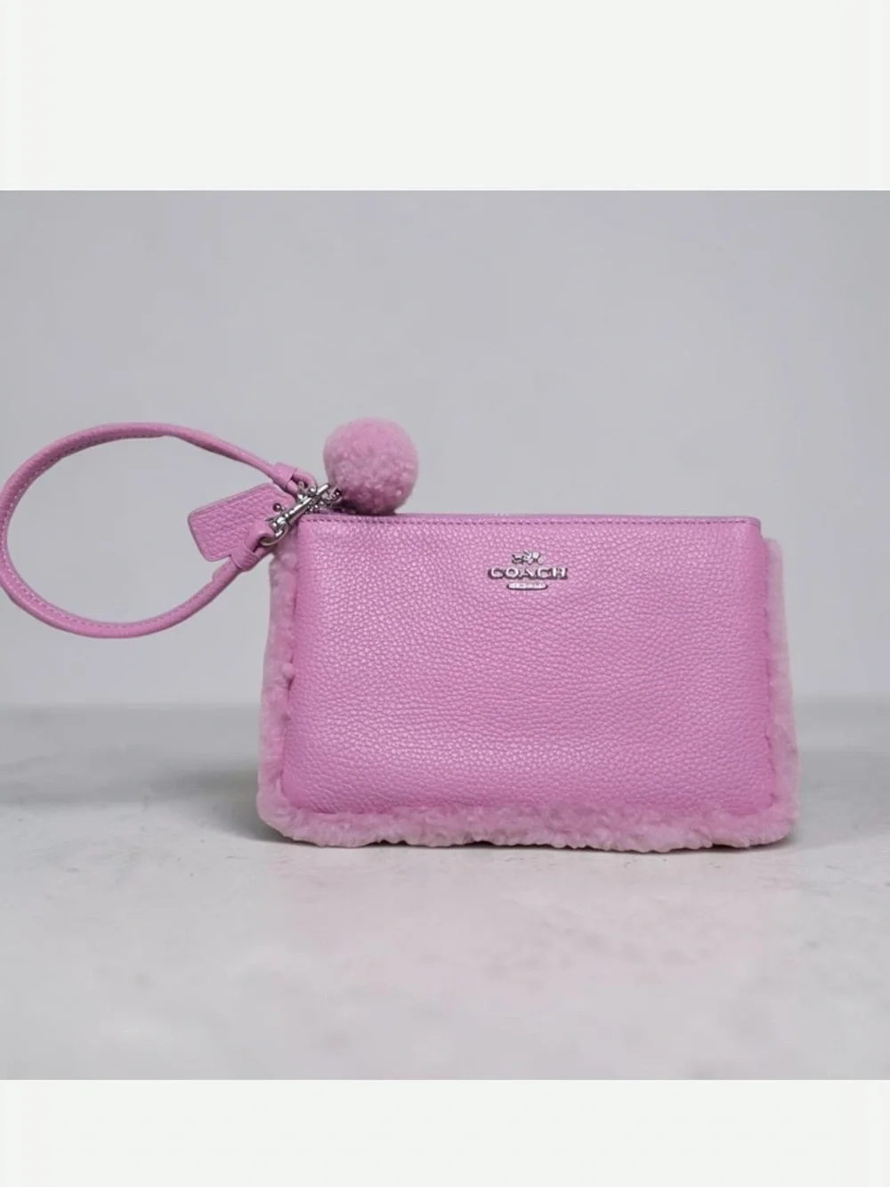 Coach Pink Pebbled Leather Wristlet with Shearling Trim EUC