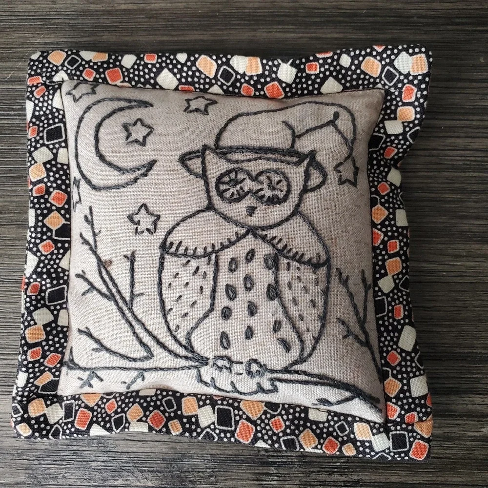 Hand Embroidered Forest Owl Bean Bag Night Time Scene Approximately 5 Inches
