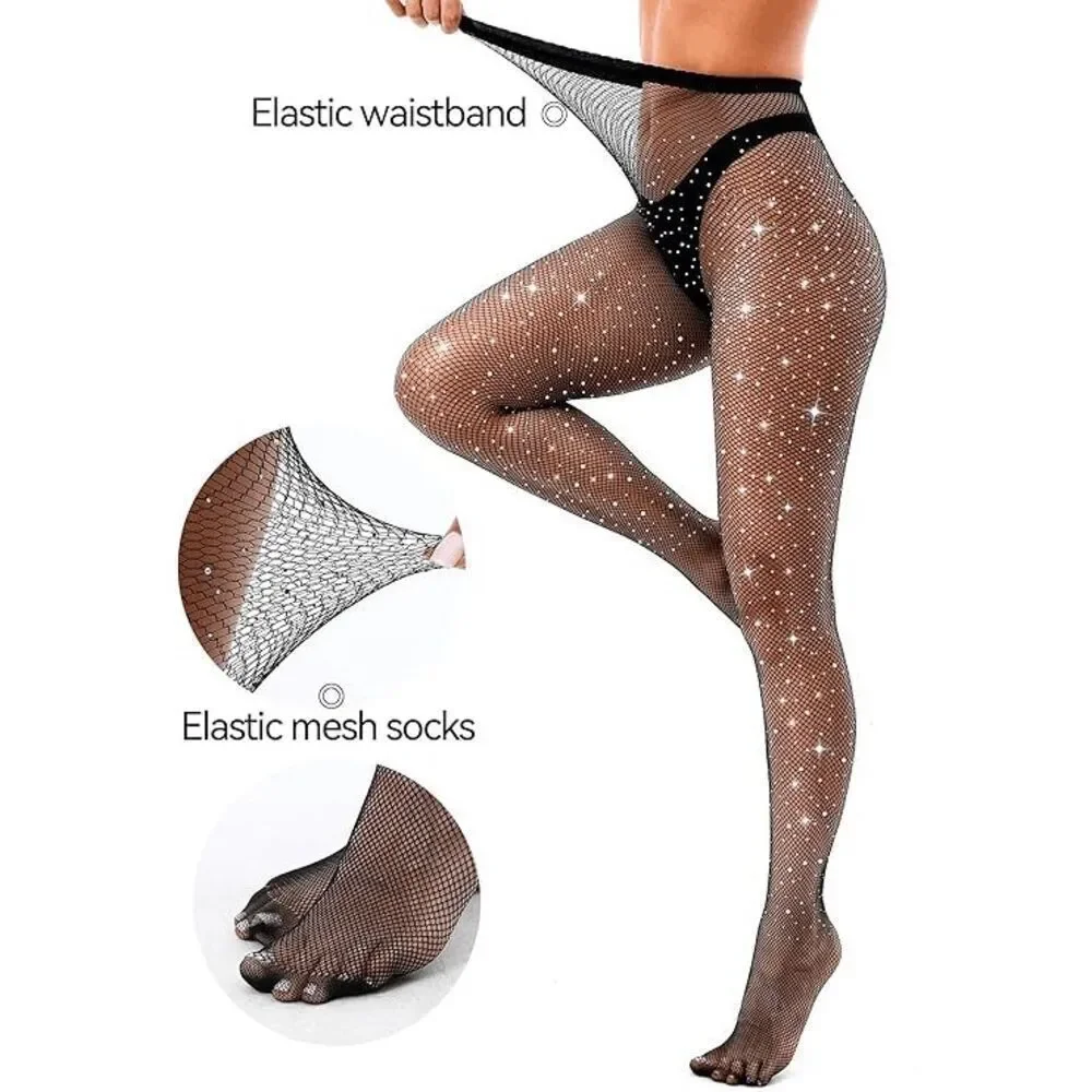 Rhinestone Fishnet Sexy Sparkly Shiny Party Stretchy Mesh Stockings Tights NEW