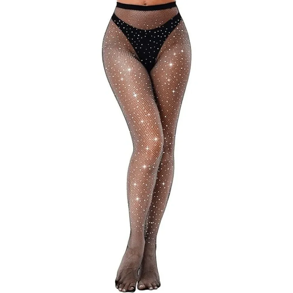Rhinestone Fishnet Sexy Sparkly Shiny Party Stretchy Mesh Stockings Tights NEW