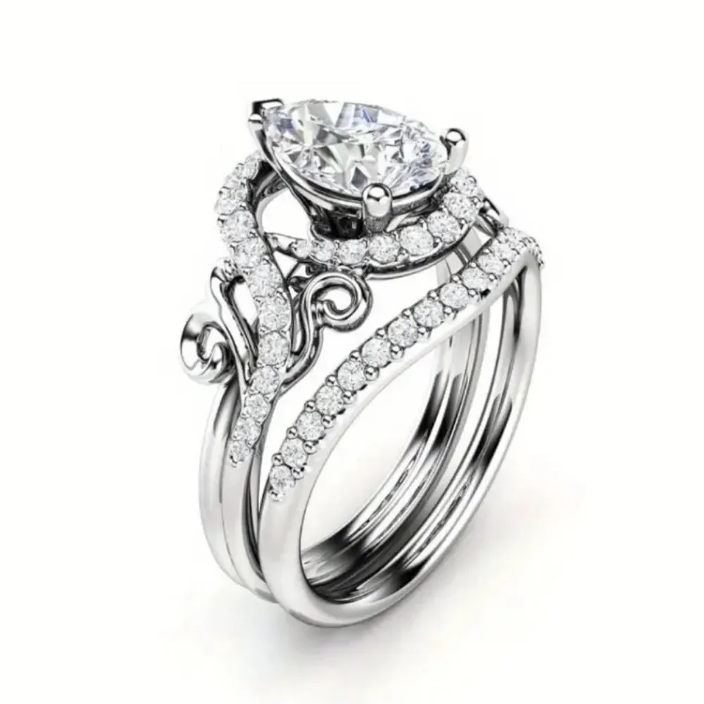 Elegant Halo pear cut white diamond wedding ring set sz 9
