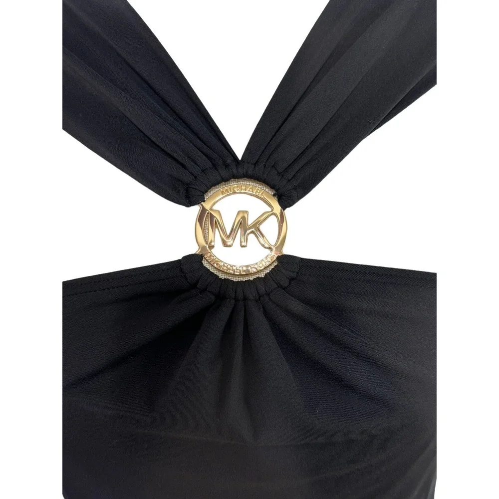 Y2K Michael Michael Kors Gold Logo Cruise Black Swing Dress Sz S‎ Small Halter