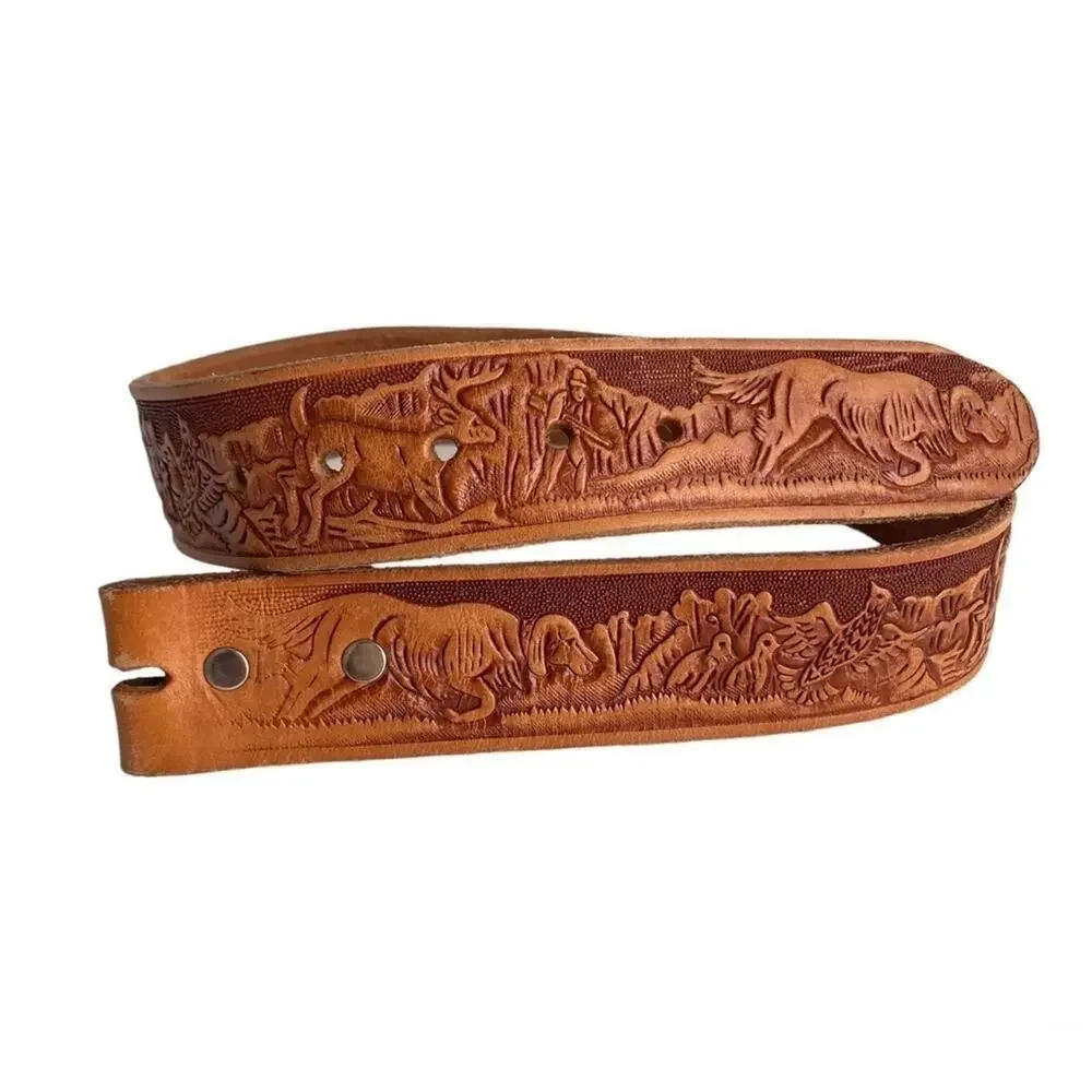 Vintage Tooled Leather Belt Hunting Dog Brown Western ERICA Womens Girls 26‎ XS