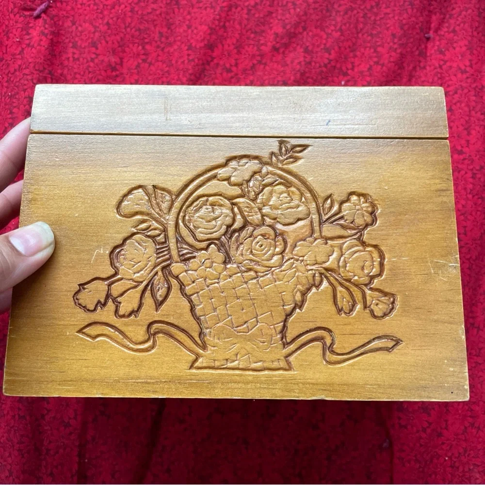 Wooden Box with Floral‎ Basket Carving Design 7x5x3.5 in