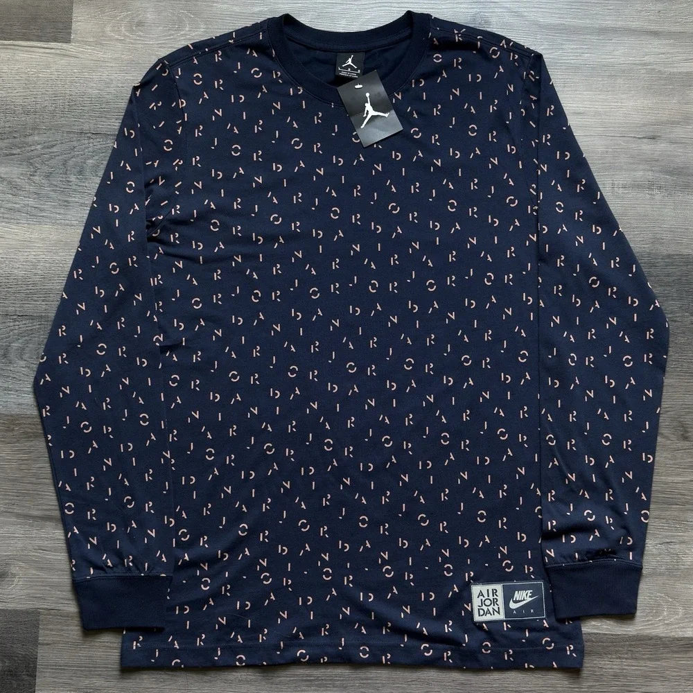 New Nike Air Jordan Jumpman AOP Long Sleeve T-shirt Mens L Navy All Over Print