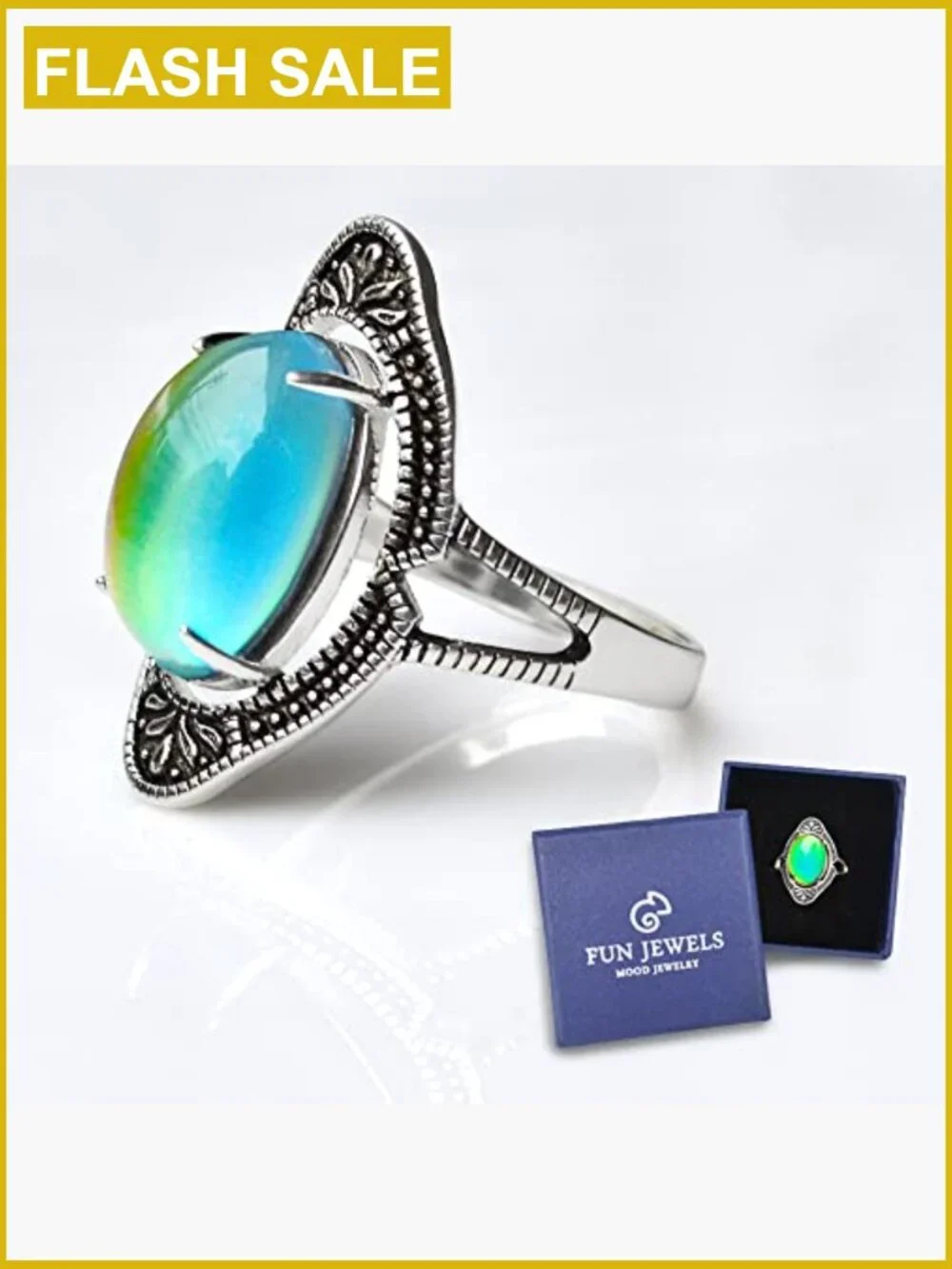 Vintage Adjustable Mood Ring Brass Oval Stone Gift Box