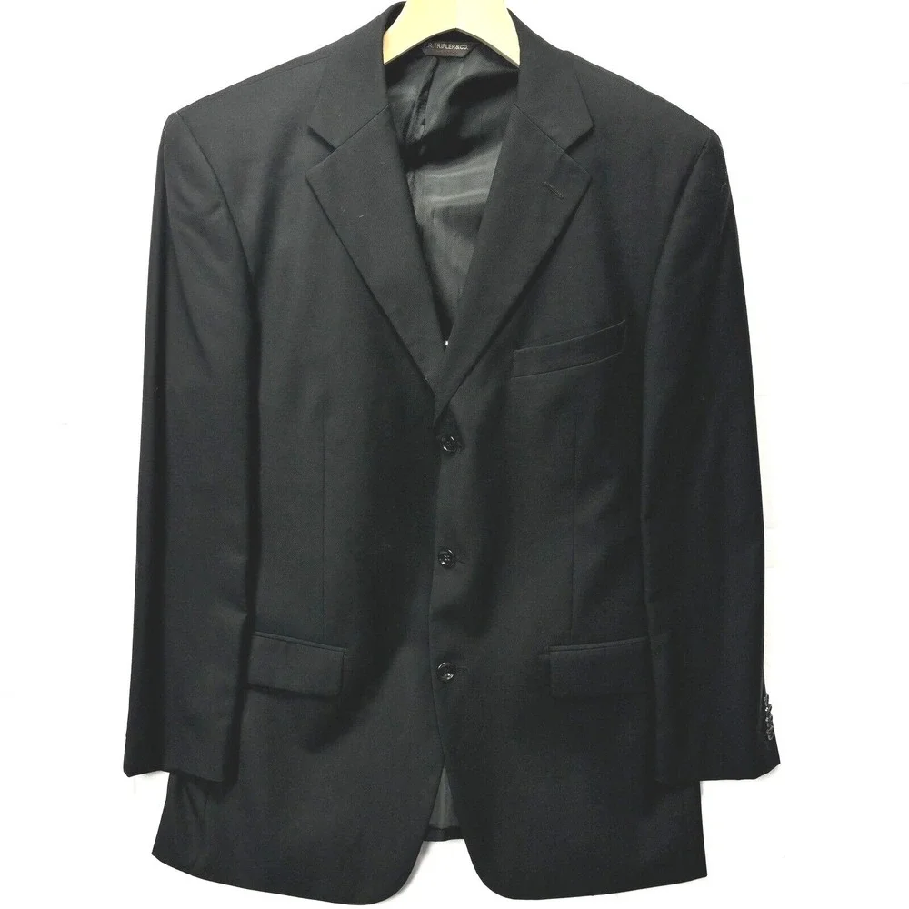 FR Tripler & Co‎ Mens Black Wool Cashmere 3 Button Blazer Sport Coat Lana Lux