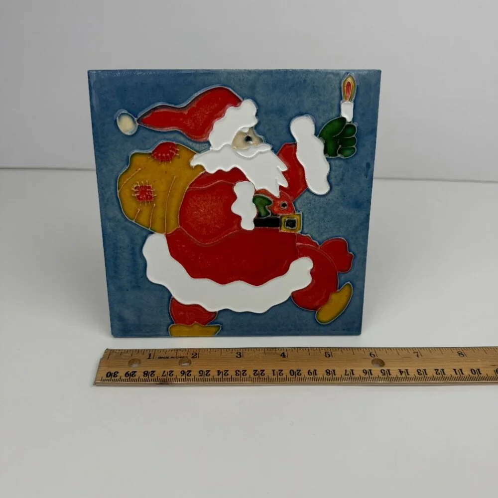 Ceramic Santa Patchwork Rustic Christmas Holiday Tile Decor‎ w Attached Stand