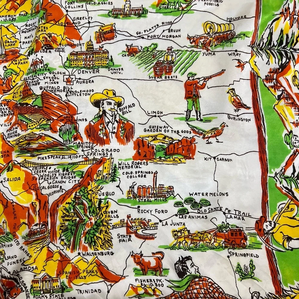 Vintage Colorful Colorado Centennial Souvenir Silk Scarf Picture Map Green