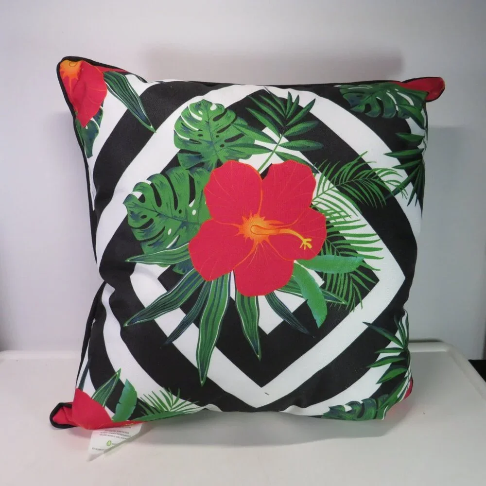 tropical Hawaiian red hibiscus w black and white striped pillow 100% polyester