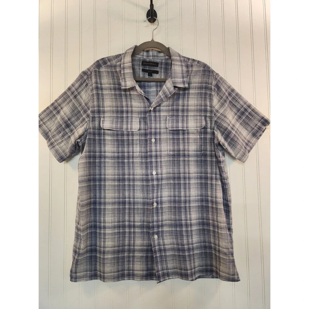 Banana Republic Mens L‎ Slim Fit Short Sleeve Plaid Button Down Shirt Blue Sheer