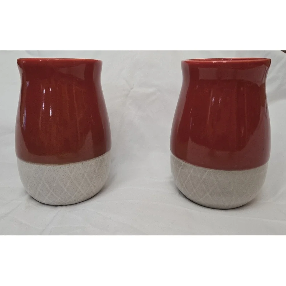 Unmarked/Unbranded Set Of Ceramic Red Tan Basket Weave‎ Kitchen Canister/Vases