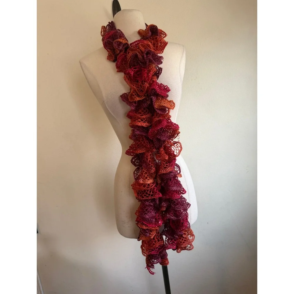 Handmade Crochet Ruffle Scarf Sunset Red Orange Metallic Shimmer Whimsigoth Boho