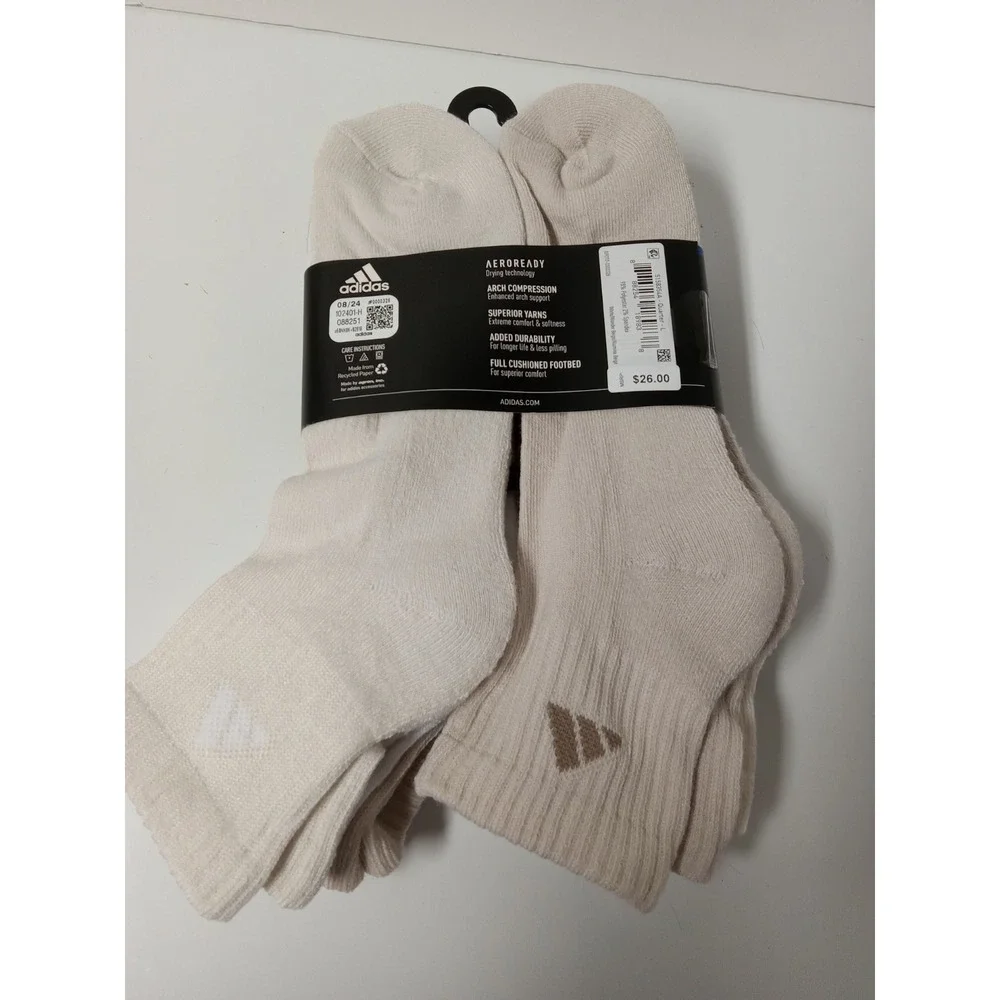 6 Pair Adidas Men's  Quarter Socks  Tan W/Climacool & Arch Compression Soze 6-12