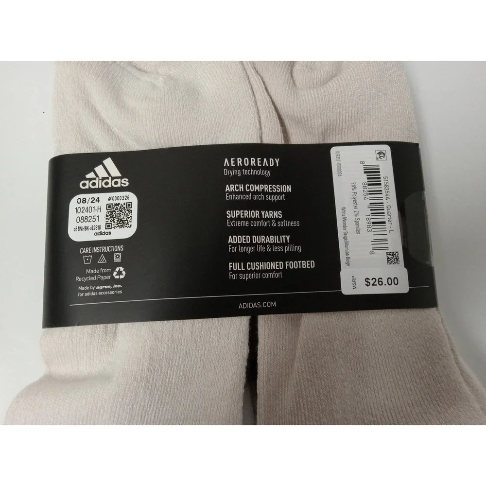 6 Pair Adidas Men's  Quarter Socks  Tan W/Climacool & Arch Compression Soze 6-12