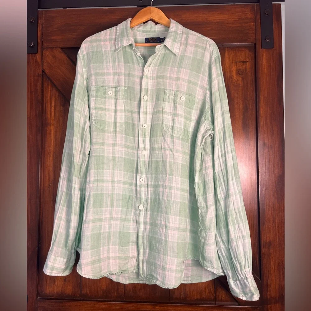 Polo Ralph Lauren Linen Light Green and White Plaid Men's‎ XL Long Sleeve Shirt