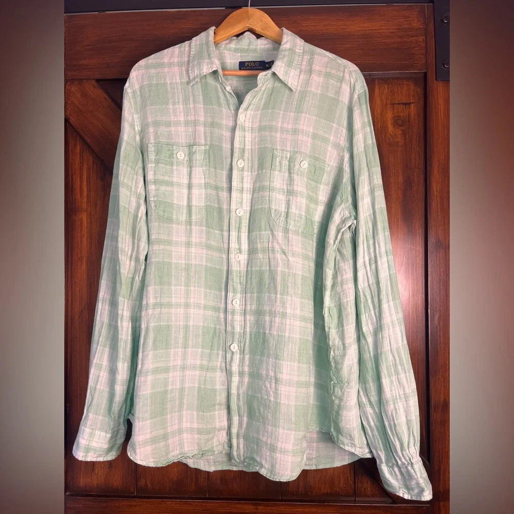 Polo Ralph Lauren Linen Light Green and White Plaid Men's‎ XL Long Sleeve Shirt