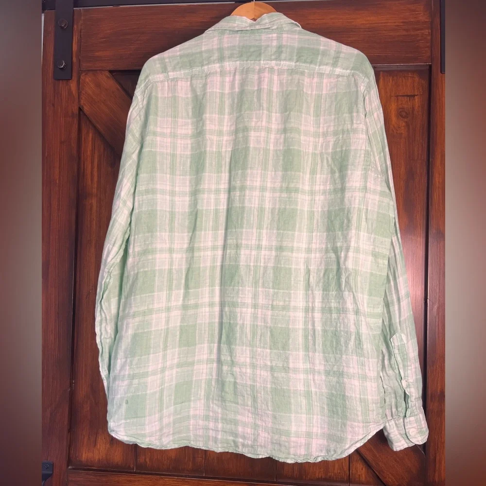Polo Ralph Lauren Linen Light Green and White Plaid Men's‎ XL Long Sleeve Shirt