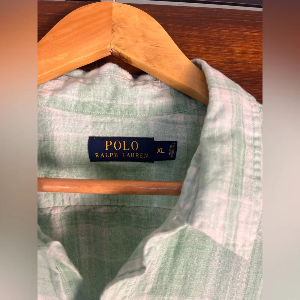 Polo Ralph Lauren Linen Light Green and White Plaid Men's‎ XL Long Sleeve Shirt
