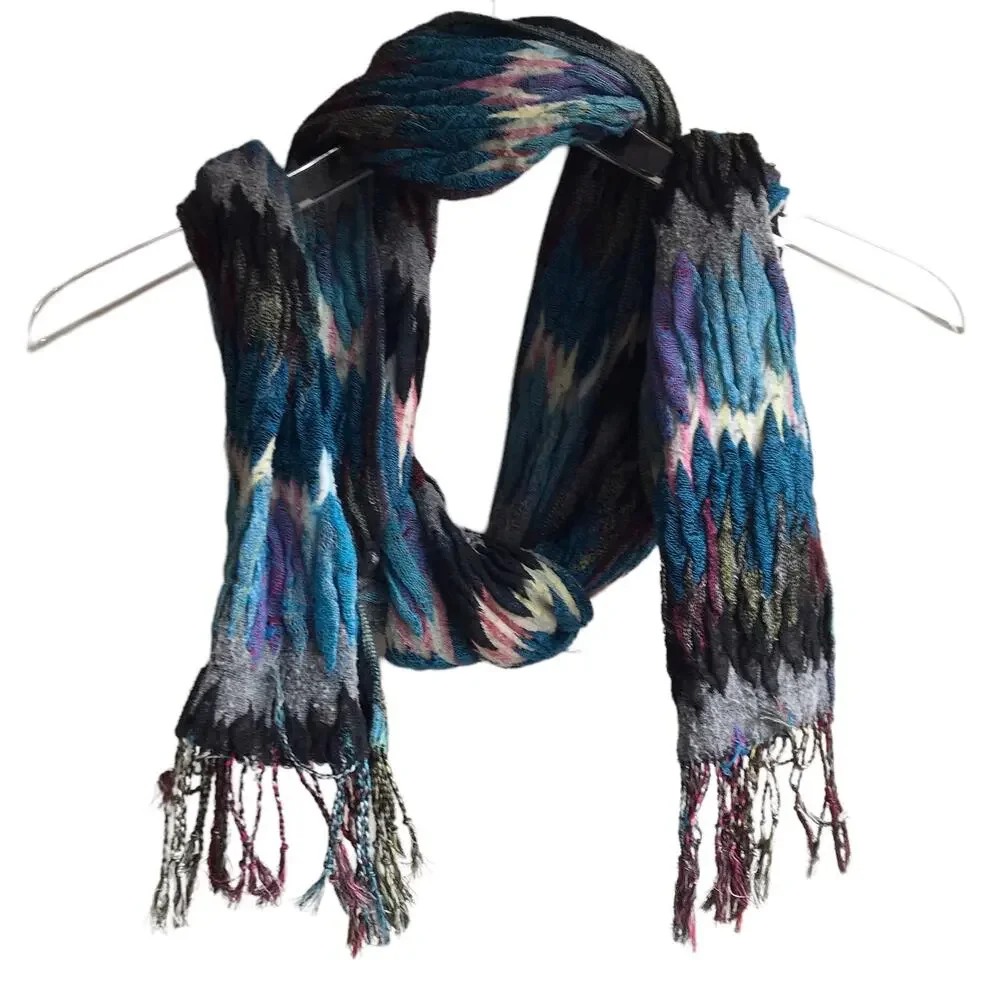 Blue Zig Zag Knit Scarf Fringed Marled Rectangular Wrap Warm Cozy Cabincore