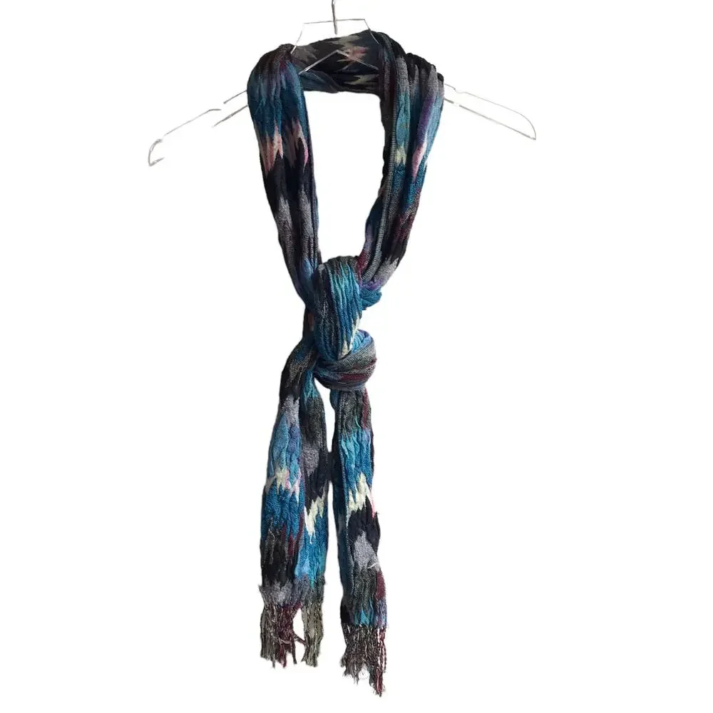 Blue Zig Zag Knit Scarf Fringed Marled Rectangular Wrap Warm Cozy Cabincore