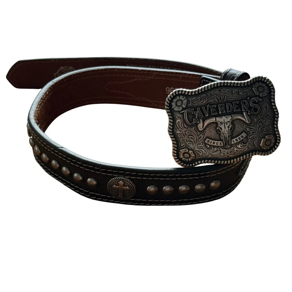 Cavenders Kids Brown Leather Western Belt Cross Studs Basketweave Sz 22 9600802