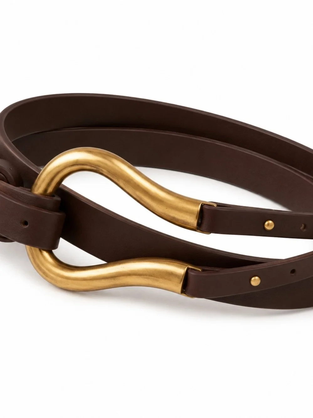 Brown Leather Belt with Gold Curved Buckle