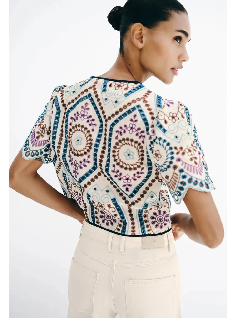 Zara Cream Top with Blue and Purple Paisley Ties