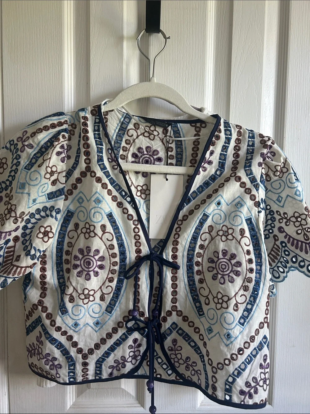 Zara Cream Top with Blue and Purple Paisley Ties
