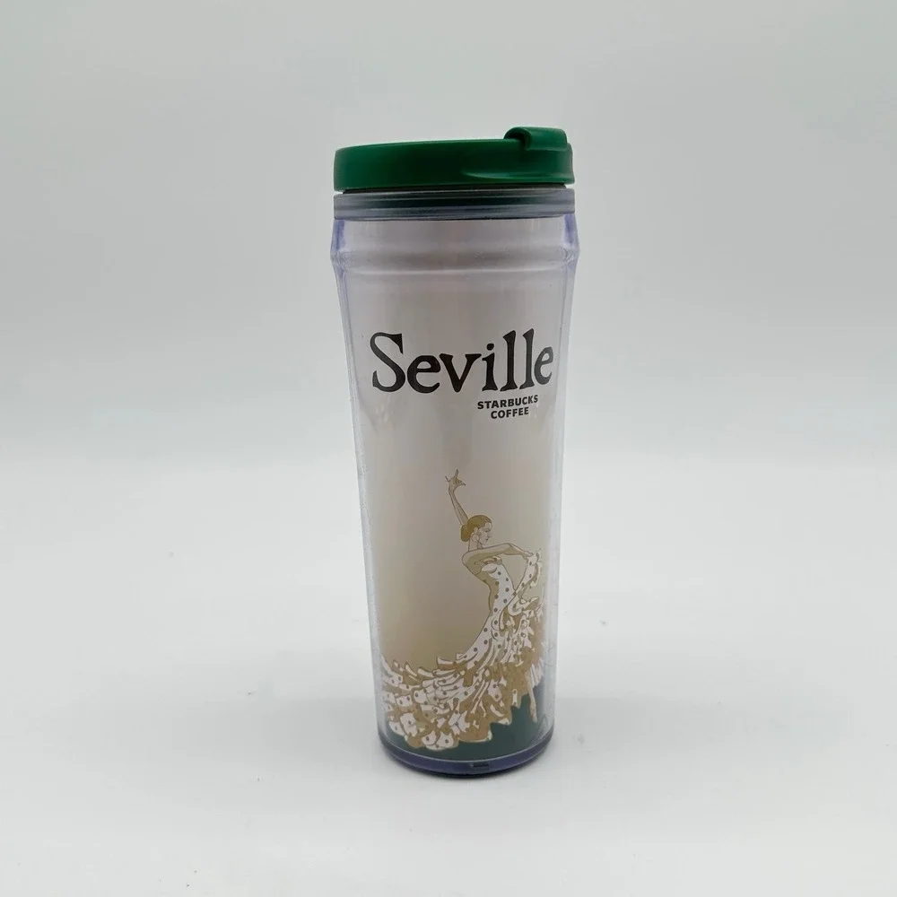 Y2K Starbucks Seville‎ Tumbler Travel Coffee Mug Green Flip Top 2004 Insulated