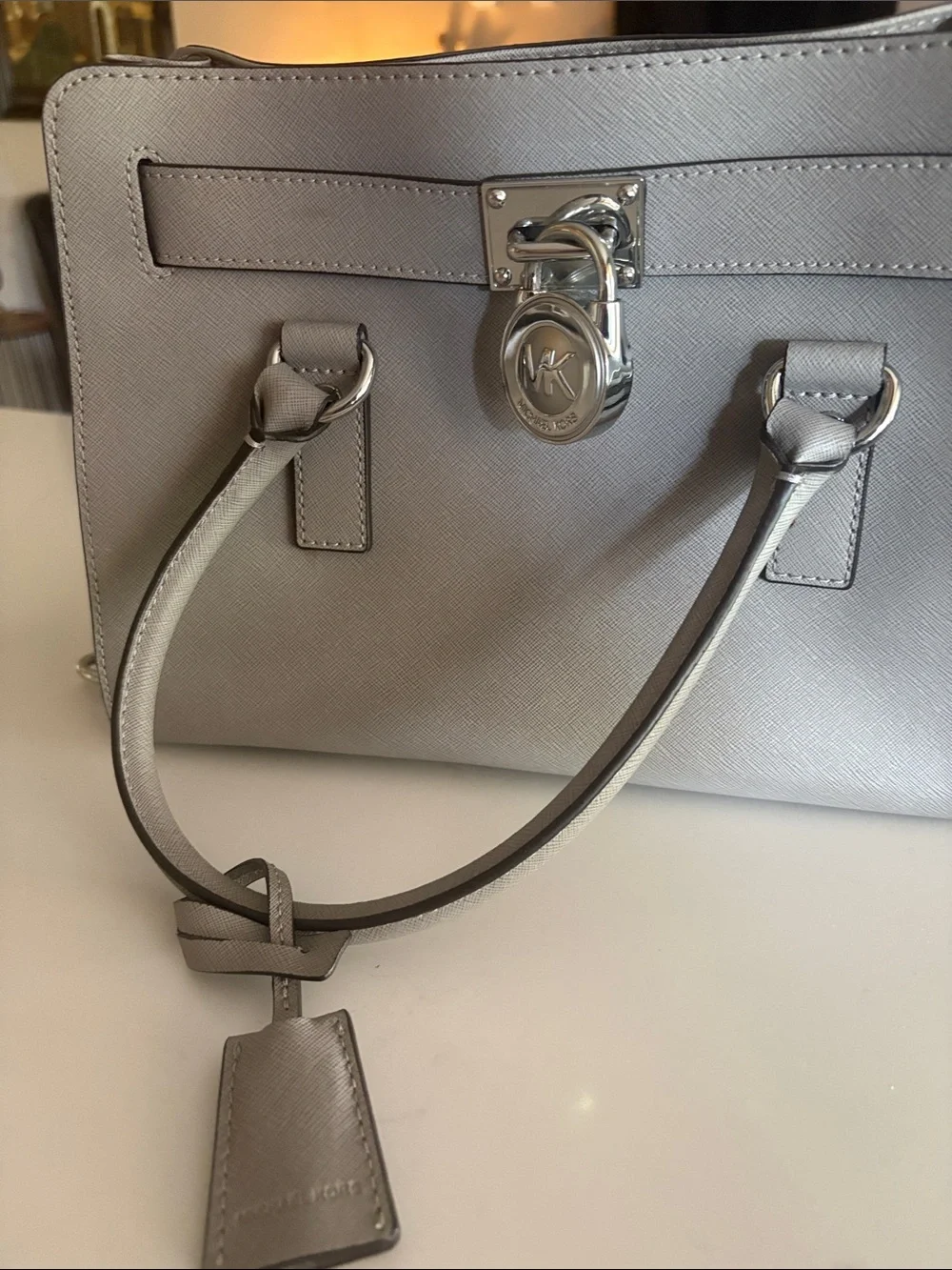 Michael Kors Silver Saffiano Leather Satchel with Padlock Detail