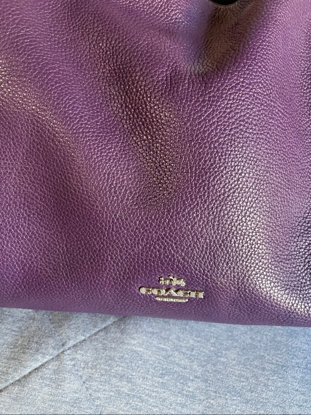 Coach Pebbled Leather Shoulder Bag in Purple with Black Handles