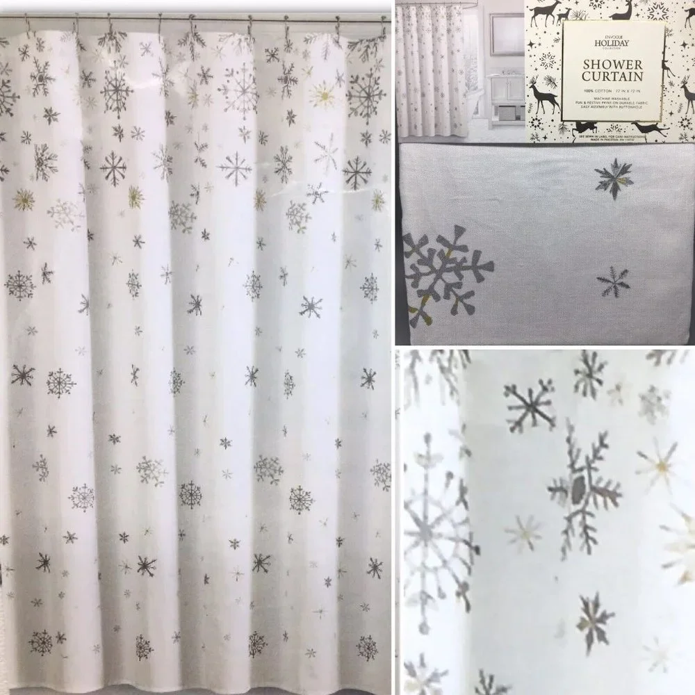 Envogue Shimmer Snowflake Shower Curtain Silver Gold Snowfall Christmas Holiday