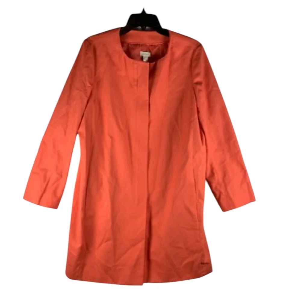 J. Crew Hidden Front Zip Long Collarless Orange Apricot Cotton Coat Jacket Sz 6