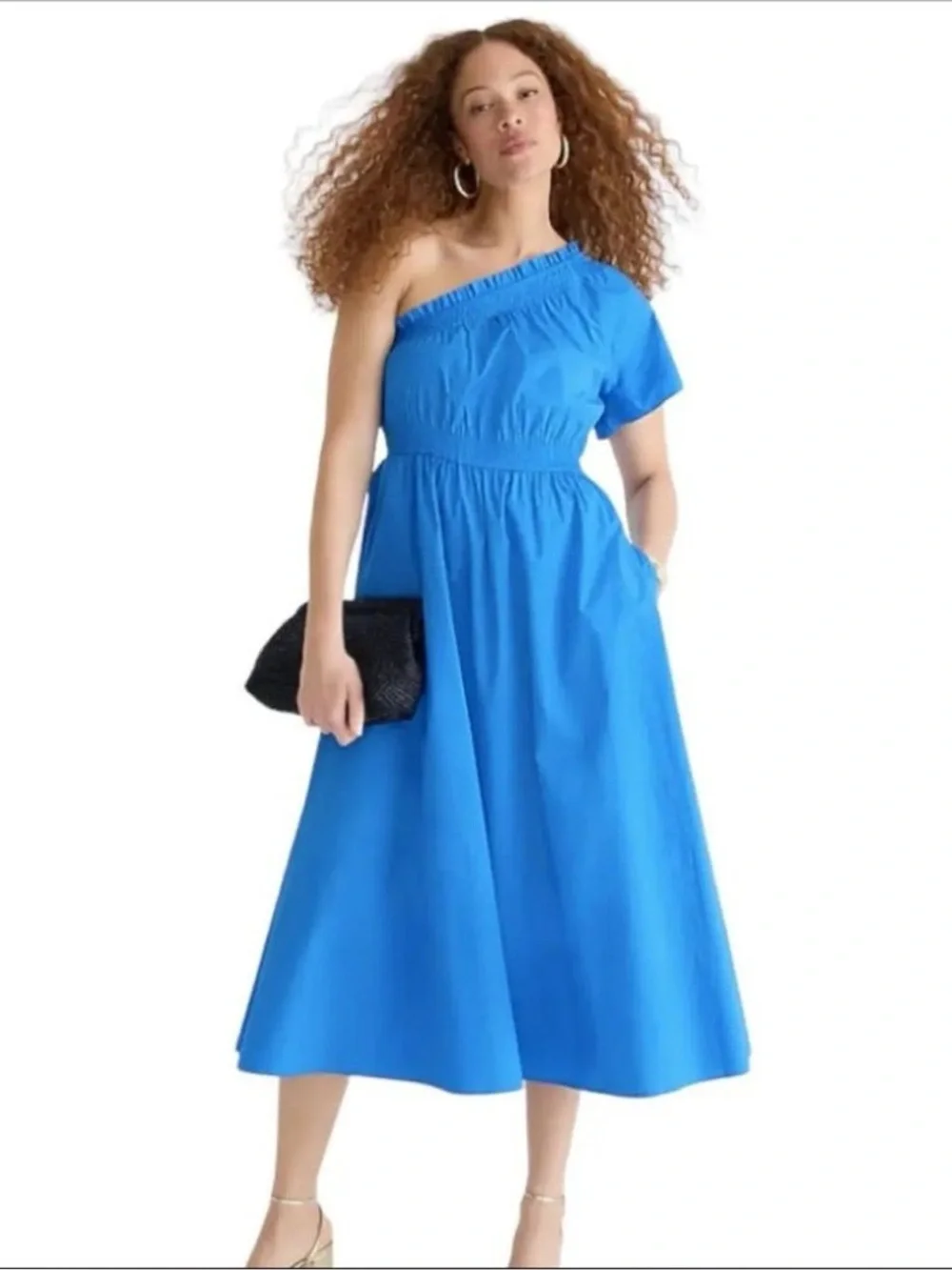 J.Crew Smocked one-shoulder dress in cotton poplin blue Size small
