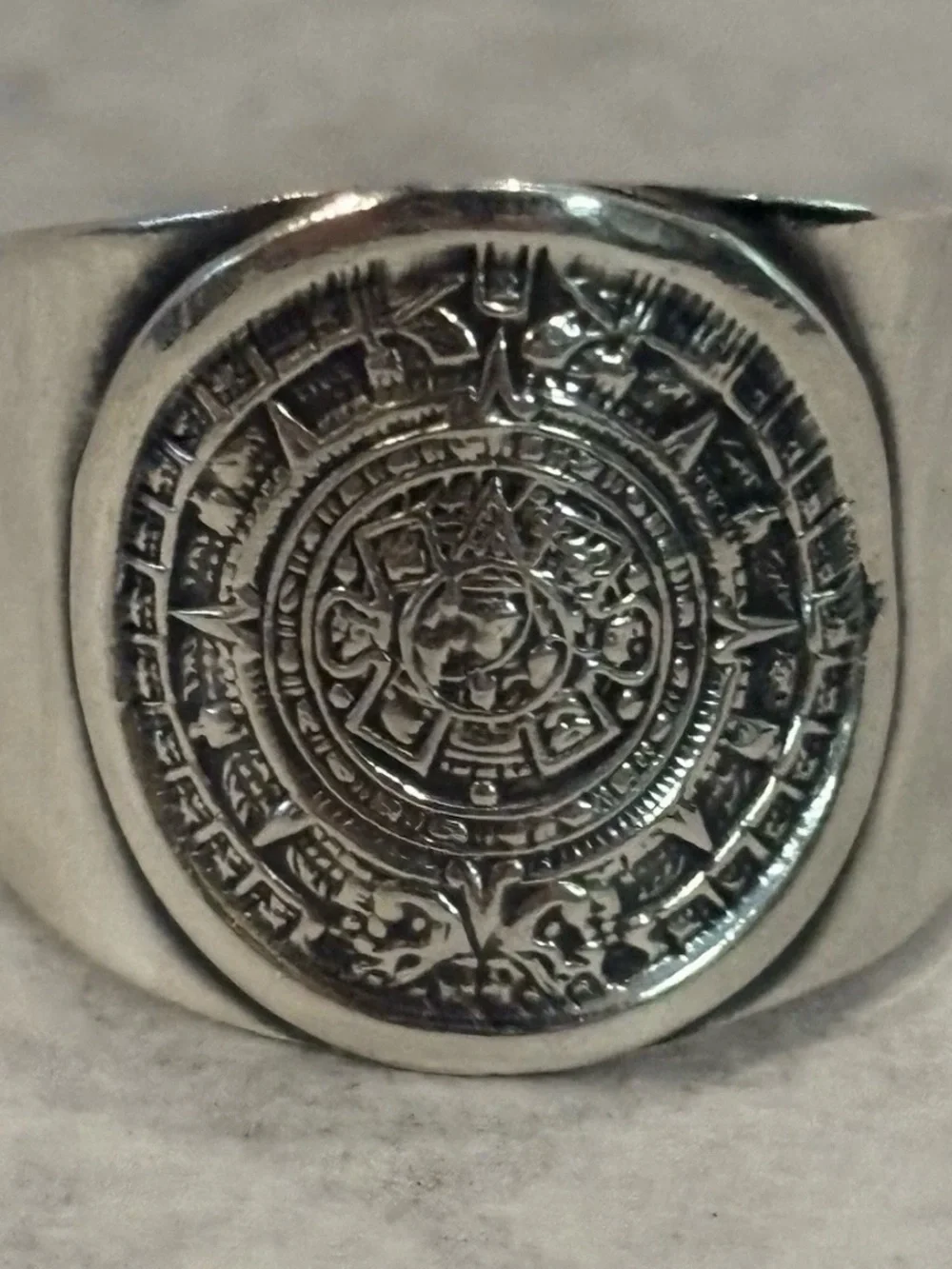 Men's Aztec Calendar Signet Ring in Silver Tone