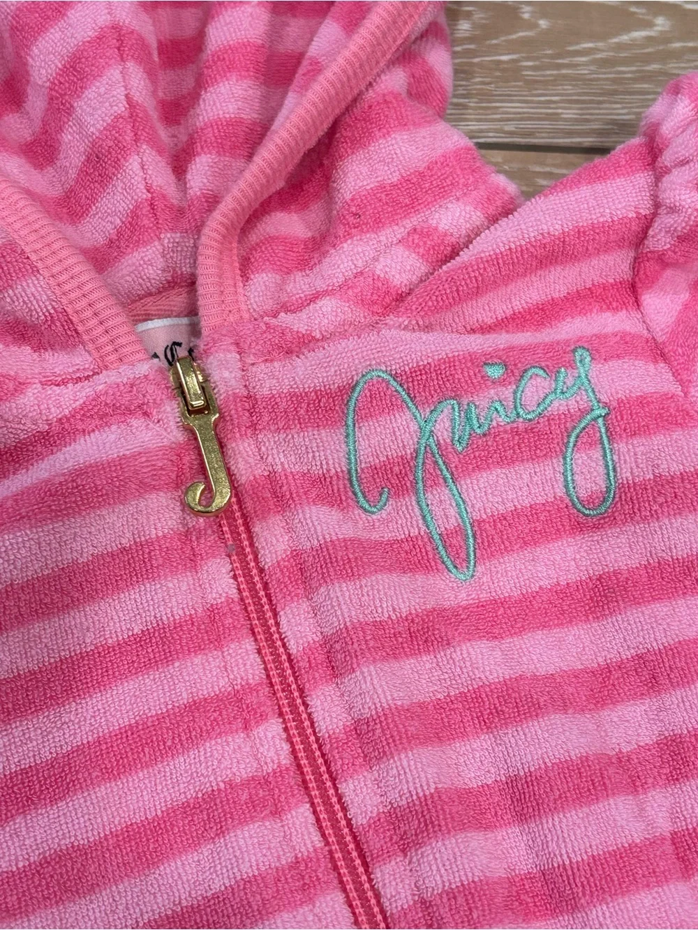 Juicy Couture Baby Girls Pink Terry Cloth Hooded Romper Cover-Up Striped 6-12M
