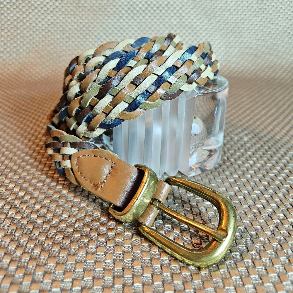 Vintage Braided Leather Belt Brass Buckle Navy Tan Cream Green 51