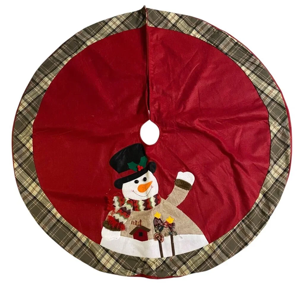 Vintage Christmas Red Tree‎ Skirt Green Plaid Trim Snowman Patchwork Felt 40