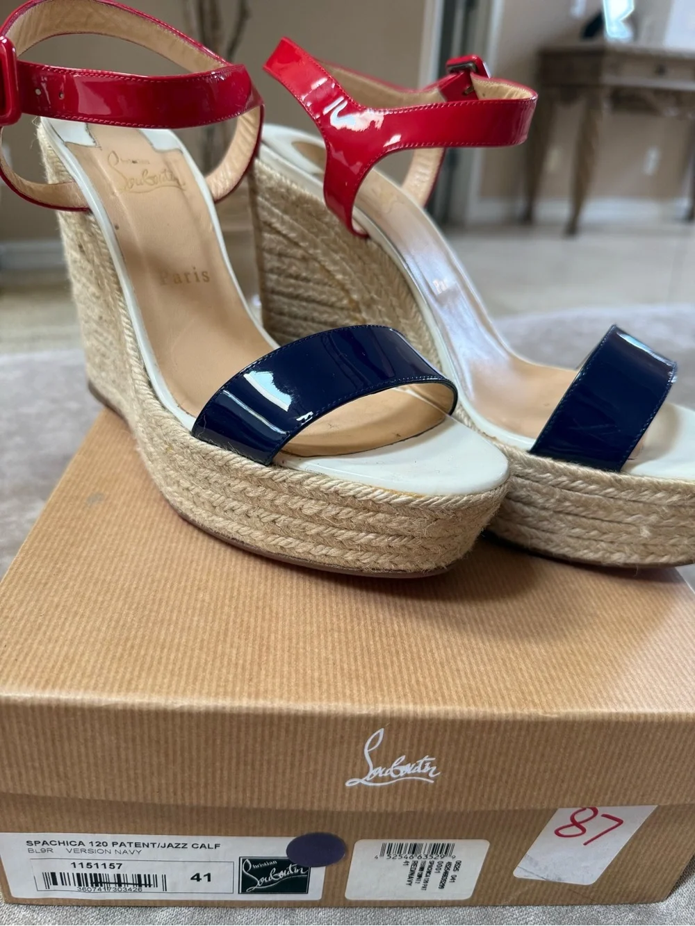 Christian Louboutin Red/White Patent & Navy Patent Espadrille Wedge Sandals