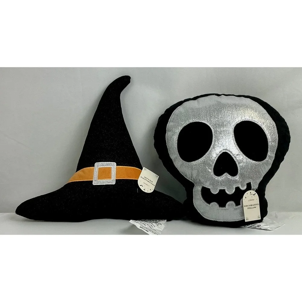 Halloween Decorative Pillow‎ Set Witch Hat & Silver Skull Plush New Soft & Comfy