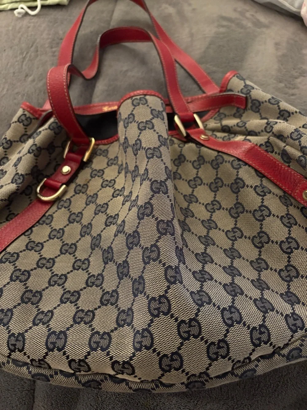 Gucci Beige Monogram Canvas Tote with Red Leather Trim