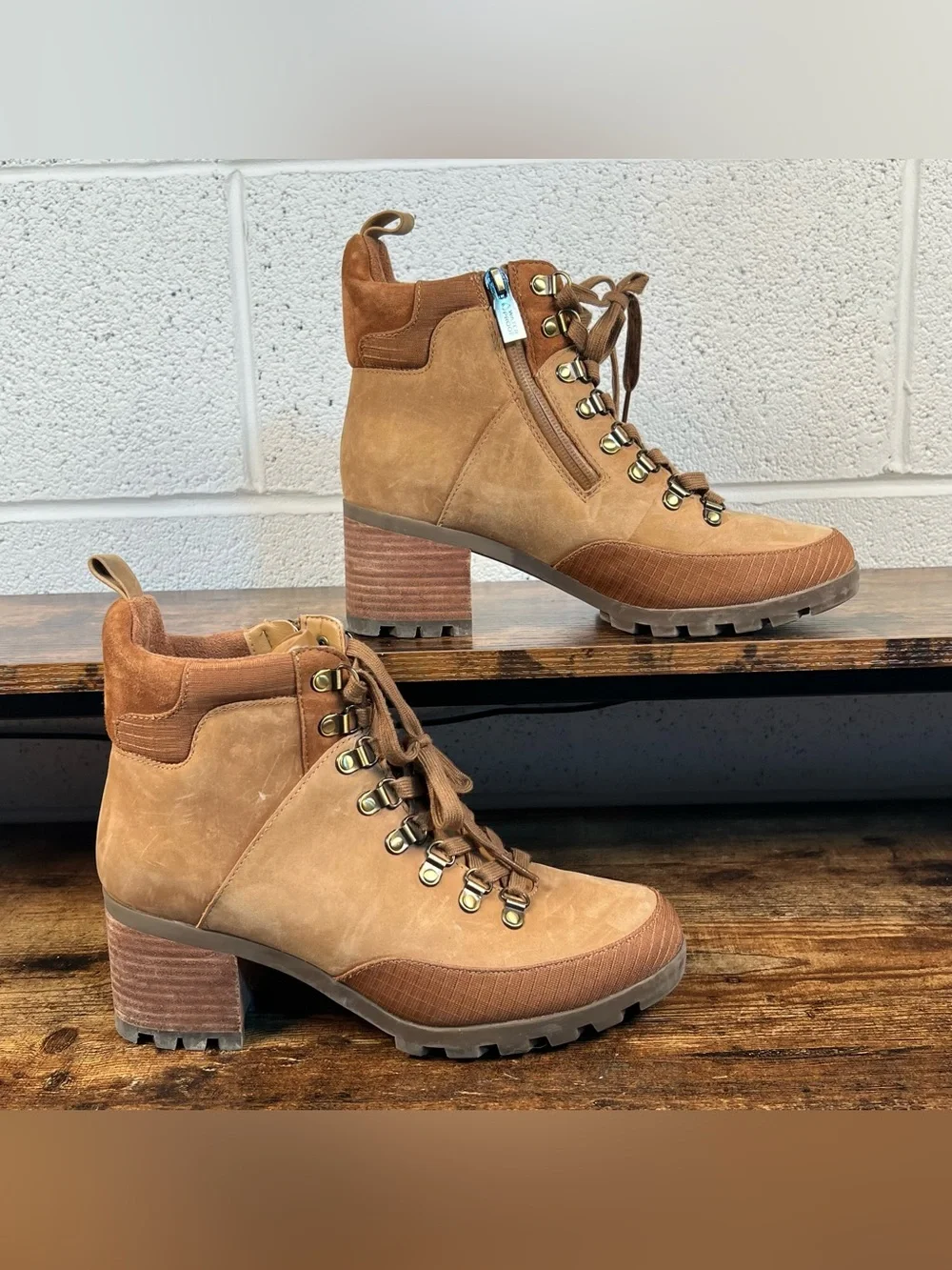 Vionic Spencer Boots Tan Chunky Waterproof Leather Hiker Combat Ankle Zip 8.5