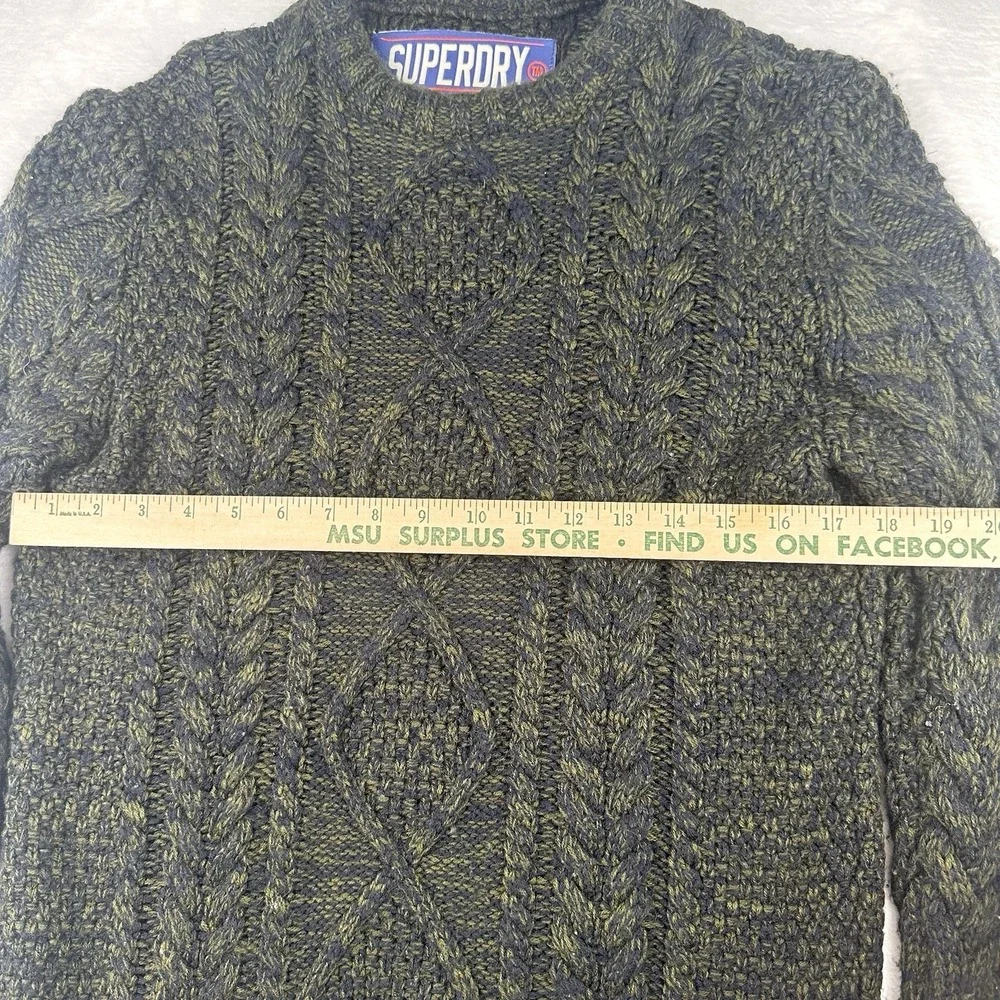 Superdry Mens Cable Knit Fisherman Sweater Olive Green Crewneck NE002 Size Large