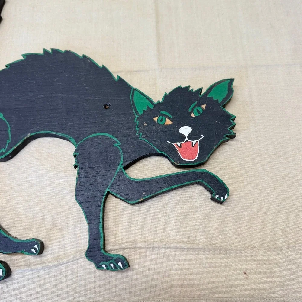 Vintage Black Halloween Cat Wall Hanging Folk Art Wood Decor 13