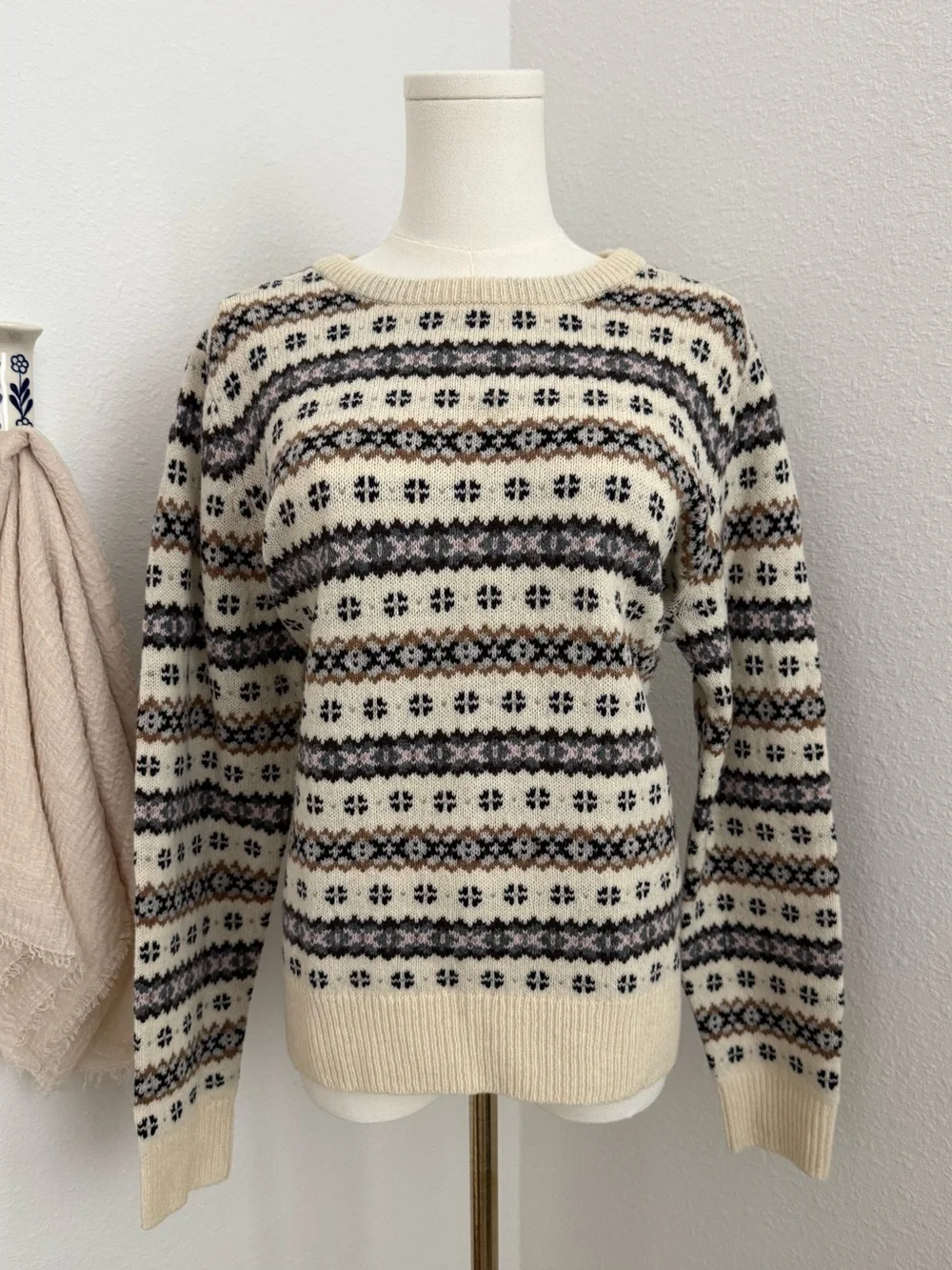 J.Crew 100% Lambswool Fair Isle Nordic Crewneck Sweater XL Cream