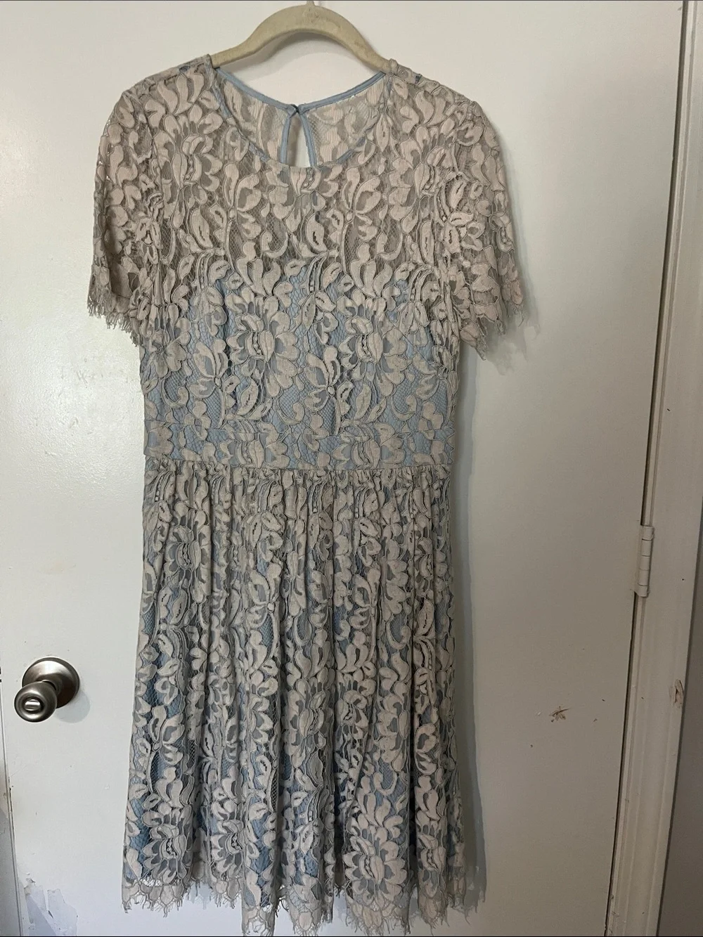 Eliza J Blue Dress with Cream Lace Overlay
