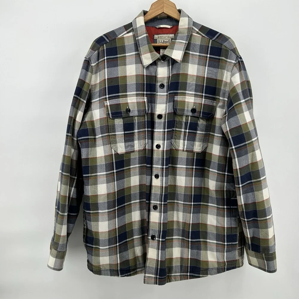 LL‎ Bean PrimaLoft Lined Flannel Shirt Jacket Mens XL Plaid Shacket Slightly Fit