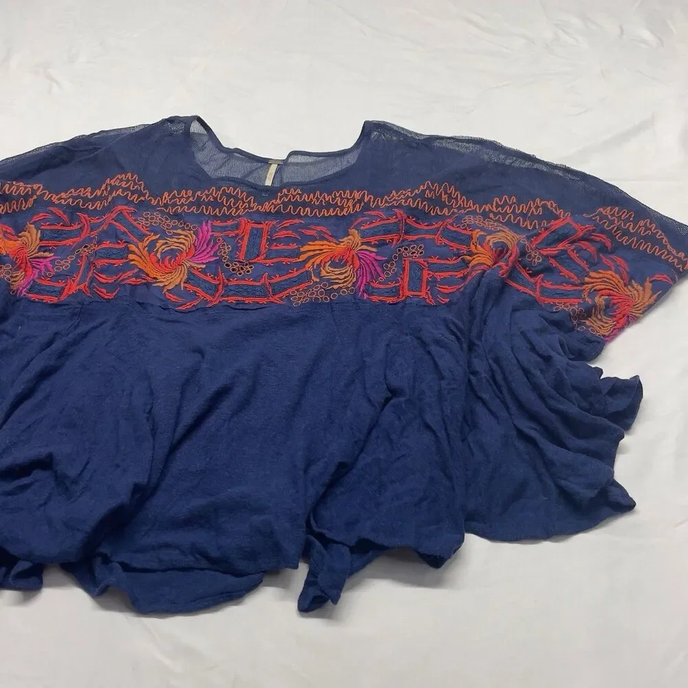 Free People MEDIUM Love Letter Embroidered Oversized Poncho Top Navy Blue Boho