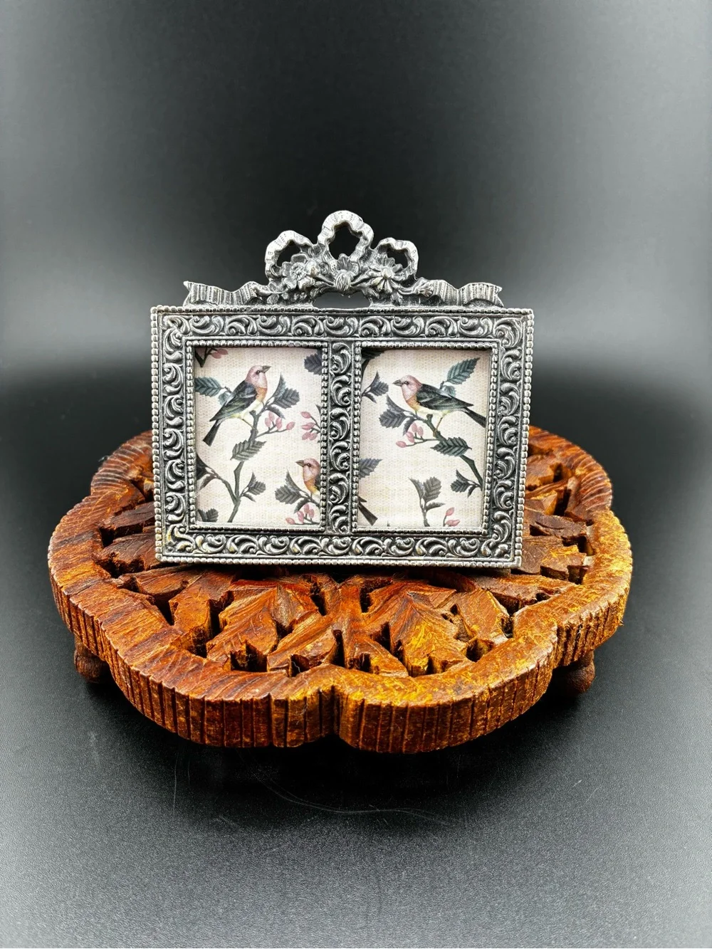 Ornate pewter Double Photo Frame with floral bow on top